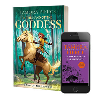 The print version of In The Hand of the Goddess featuring Alanna on a rearing horse, and an ebook version featuring the new purple UK cover.